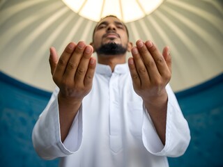 A person wearing Muslim clothing makes a prayer gesture with his hands