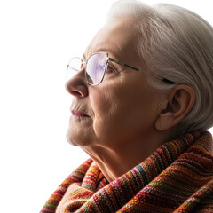 Elderly woman wearing glasses and scarf isolated on transparent background