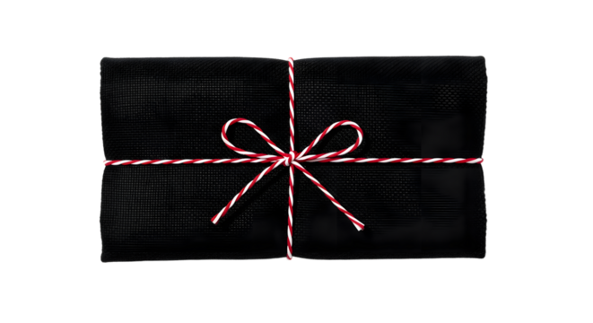Gift - Black rectangular gift box wrapped with red and white twine bow on black background, elegant present for special occasions and holidays