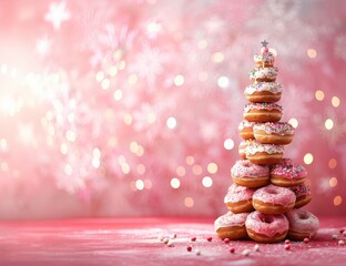 minimalist edible Christmas tree made of stacked donuts with pink icing and colorful sprinkles, soft pink bokeh background, banner with copy space. holiday advertising, sweet holiday mock up, bakery
