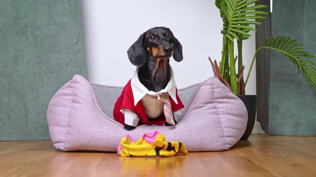 A cute dachshund stole a sock and hid it in her bed and doesn't want to give it back. The puppy is mischievous when he's teething.