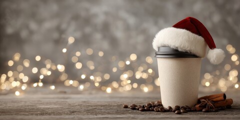 Takeaway coffee cup with Santa hat, cinnamon sticks, coffee beans on wooden table. Cozy Christmas mood, festive lights bokeh in background. Holiday drink, seasonal cafe promotion, winter celebration