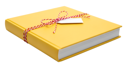 Gift - Yellow hardcover book wrapped with red and white string and a blank tag, isolated on white background, perfect for gift or stationery themes