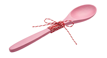 Gift - Pink wooden spoon tied with red and white striped string isolated on white background perfect for cooking and kitchen themes