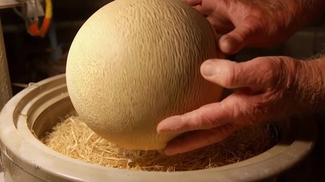 Medium shot of hands carefully placing an ostrich egg into a traditional incubator showcasing manual temperature control during the incubation process.