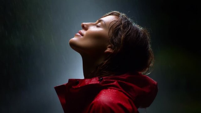 A woman stands in the rain, embracing the elements with a serene expression on her face, looking upwards while wearing a vibrant red jacket, capturing a moment of tranquility amidst a storm.