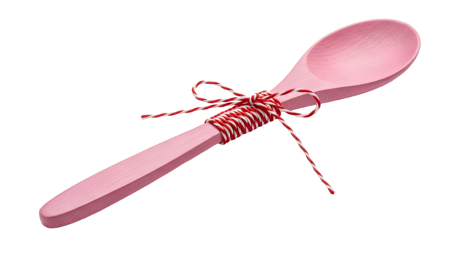 Gift - Pink wooden spoon tied with red and white striped string isolated on white background perfect for cooking and kitchen themes