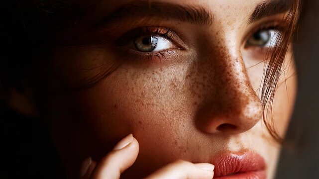 A Close-Up Portrait Capturing the Intense Gaze of a Young Woman with Beautiful Freckles and Striking Features in Soft Lighting, Highlighting Her Unique Beauty and Emotions.