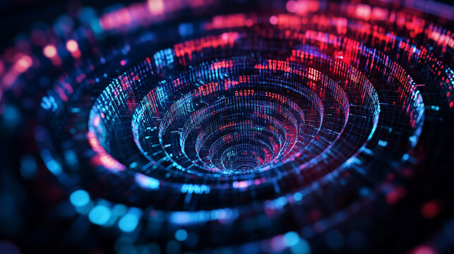 Floating stock market icons form a luminous spiral, creating a dynamic, hyperrealistic visualization of financial data, trends, and digital investment concepts.
