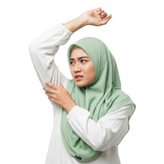 Woman in hijab checking her armpit isolated on transparent background