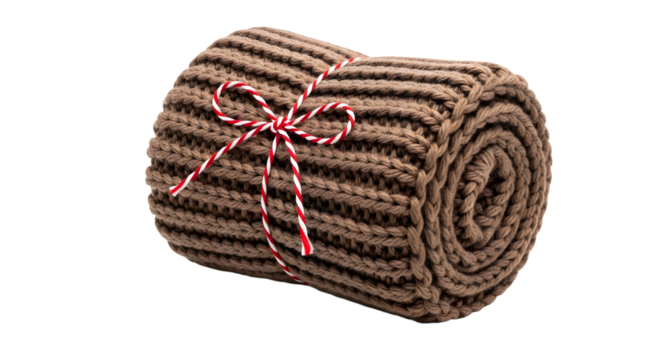 Gift - Rolled brown knitted blanket tied with red and white string on white background, cozy home accessory perfect for relaxation and warmth