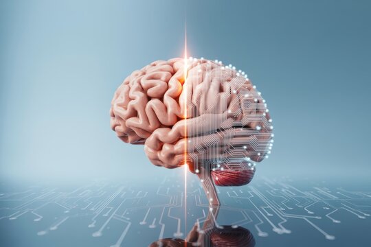Human brain with digital circuit board and data streams