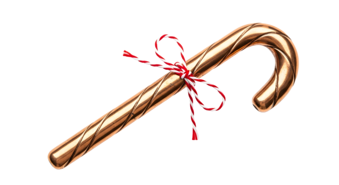 Gift - Golden candy cane with red and white string bow isolated on white background, festive Christmas decoration