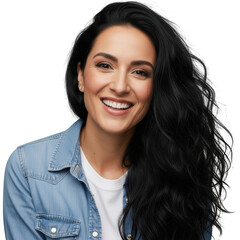 Smiling woman with long dark hair isolated on transparent background