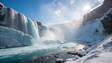 Frozen polar waterfall cascading through glacier canyon with sunlight scattering across mist and icy rock textures