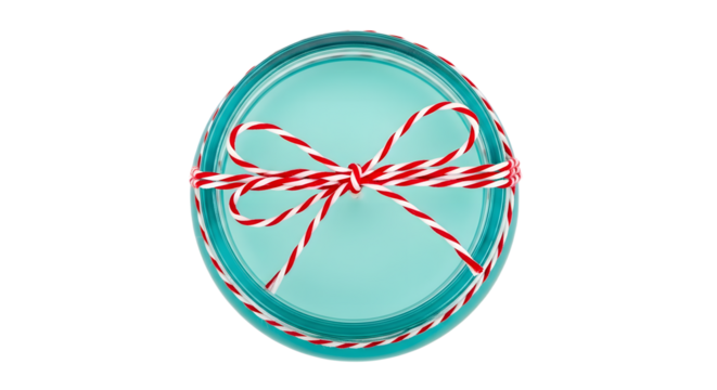 Gift - Round turquoise gift box with red and white striped ribbon bow, perfect for holiday gift wrapping or special occasions