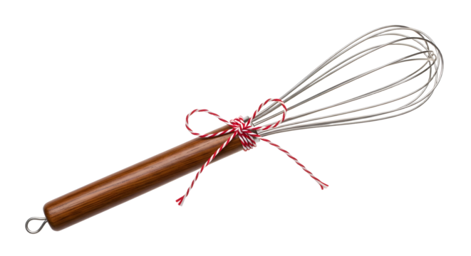 Gift - Kitchen whisk with wooden handle tied with red and white string isolated on white background, perfect for baking and cooking