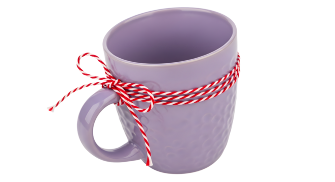 Gift - Purple ceramic mug with embossed texture tied with red and white striped ribbon, isolated on white background, perfect for gift presentations