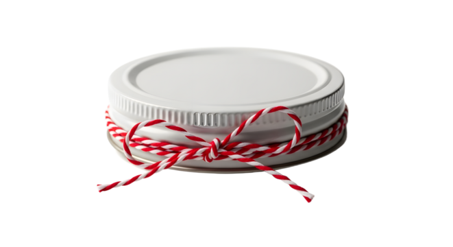 Gift - White round container with lid tied with red and white striped string, isolated on black background, perfect for packaging and gift wrapping