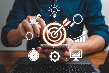 Person touching smartphone with digital marketing icons floating around