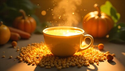 Warm, inviting cup of golden soup with pumpkin and autumn vegetables, perfect for cozy fall vibes and wellness