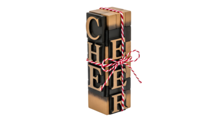 Gift - Stacked black gift boxes with gold lettering spelling CHEER and red and white twine bow, perfect for holiday celebrations
