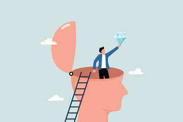 Self-discovery, finding oneself in search of self-worth, dreams of success or the meaning of life, exploration, happy businessmen succeed in finding precious diamonds inside their heads.