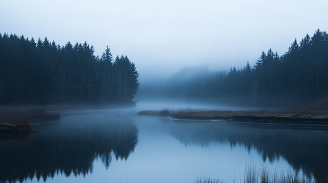 A foggy river delta spreads softly into the horizon symbolizing mystery tranquility and the delicate balance of water and land representing nature’s calm and atmospheric beauty