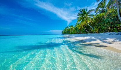 Tropical island beach landscape exotic shore coast. Tranquil closeup calm sea water waves with palm trees. Beautiful Panorama. Summer vacation, holiday amazing nature. Relax paradise, Maldives.