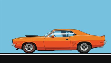Bold orange muscle car illustration with retro design elements evokes classic Americana and vintage automotive style