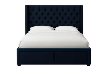 Navy blue tufted upholstered bed with white bedding, creating a modern and luxurious bedroom furniture concept