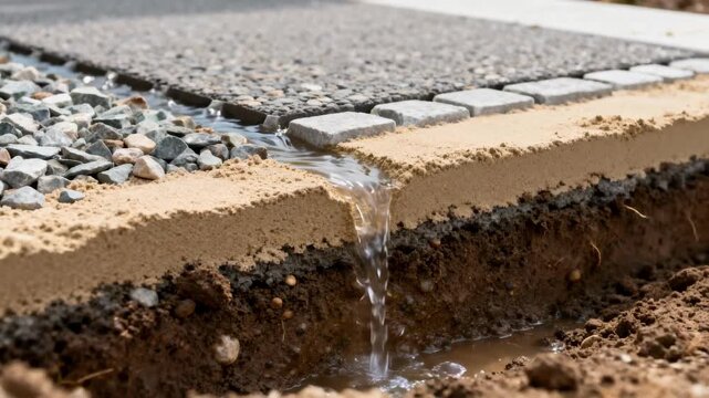 Medium shot displaying detailed layering process on permeable driveway capturing soil stabilization and effective water runoff management.