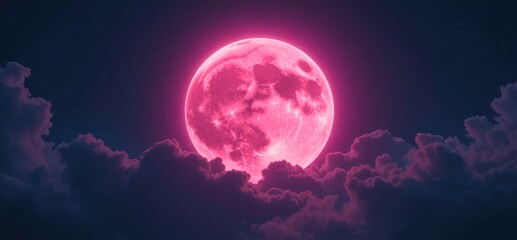 Fototapeta premium A stunning pink moon rises above soft clouds, creating a magical night sky atmosphere.