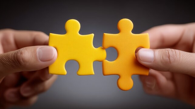 Hands solving puzzle pieces representing teamwork, collaboration, and business success, strategy and problem solving, cooperative effort, professional partnership, clean background.