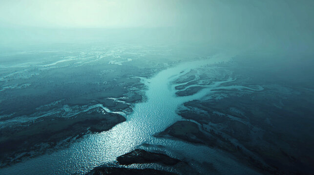 A foggy river delta spreads softly into the horizon symbolizing mystery tranquility and the delicate balance of water and land representing nature’s calm and atmospheric beauty