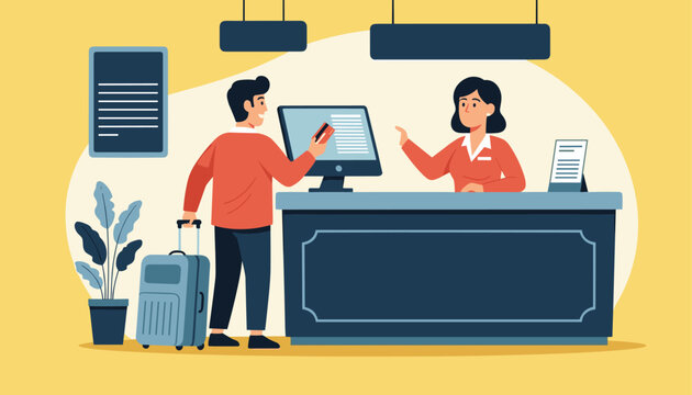 Hotel guest checks in with card at front desk as friendly receptionist greets him with professional service