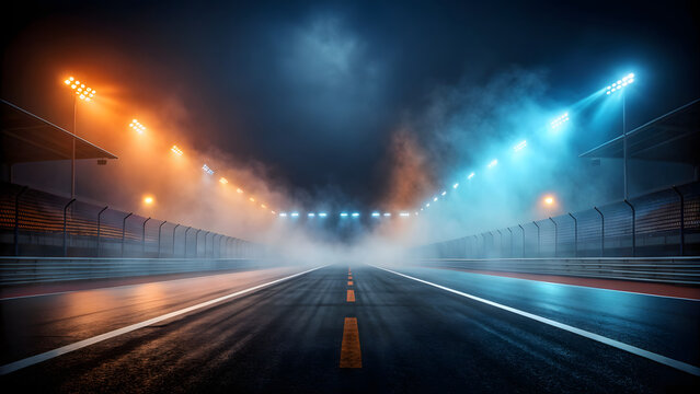 Dramatic race track with colorful smoke and stadium lights