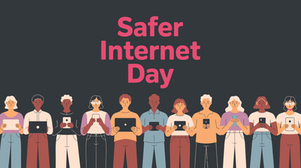 Diverse Group Holds Devices for Safer Internet Day on Dark Background Illustration