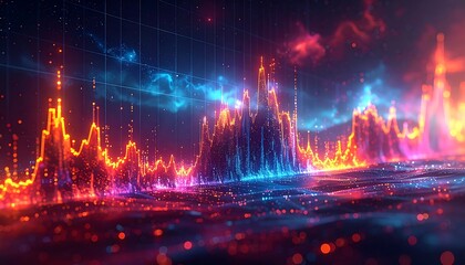 Naklejka premium Vibrant Digital Landscape with Glowing Peaks and Cosmic Sky.
