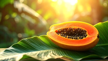 Half of a ripe papaya fruit with black seeds rests on a large green leaf, illuminated by sunlight.