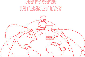 Happy Safer Internet Day Person Using Laptop on Earth, Connected by Dotted Red Lines