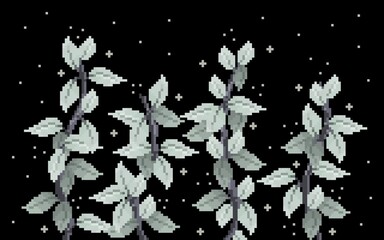 Pixel art design four vertical stalks with soft, pale sage and light gray leaves with black background and white sparks. Perfect for calm, atmospheric, lo-fi, or gaming backgrounds, wallpaper.