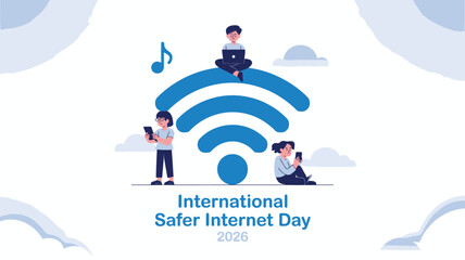 International Safer Internet Day 2026 People Using Devices on Wireless Network Illustration