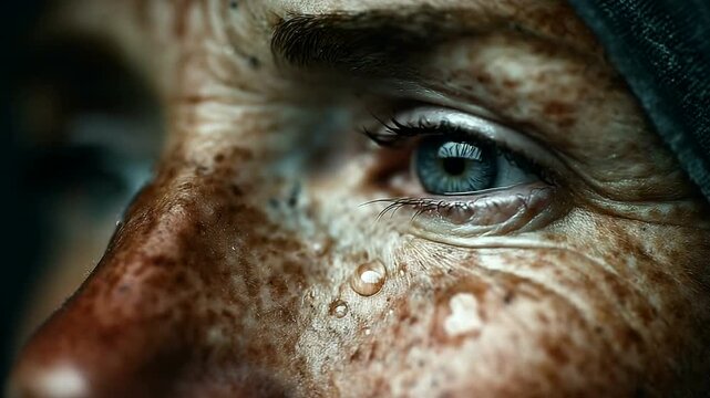 Close-up of a freckled face with water droplets