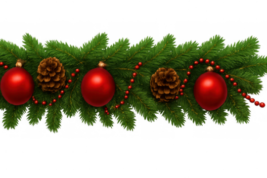 Christmas garland decoration with red ornaments, pine cones, and festive beads on a transparent background, winter holiday concept