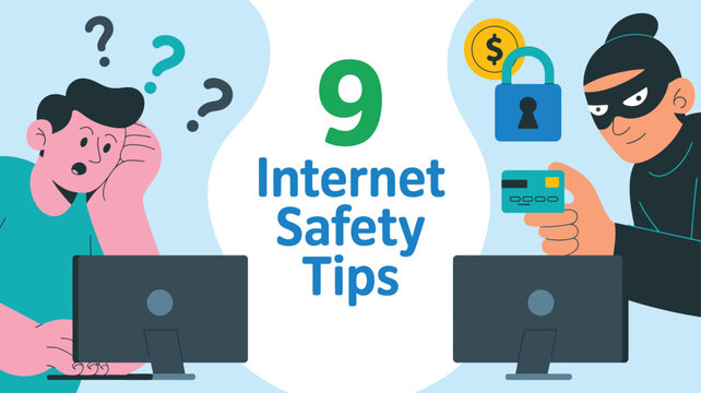 Nine Internet Safety Tips Illustration Confused Man, Hacker, Credit Card, Lock, and Computer Screens