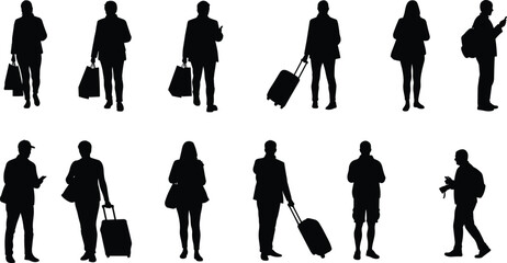 Silhouettes of diverse people carrying bags, luggage, and backpacks, commuter travelers walking, standing, posing, isolated figures for design, business, transport, urban lifestyle concepts