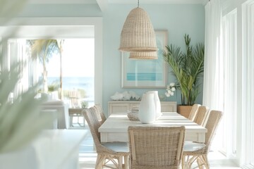 wicker furniture and airy textiles. Integrate sea-inspired elements like driftwood, shells, and maritime
