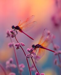 Dragonflies on Pink Flowers