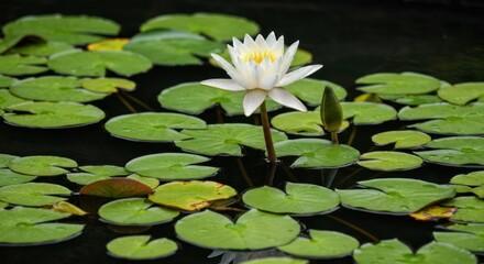 White lotus flower in a pond. Green leaves and dark water. Close up